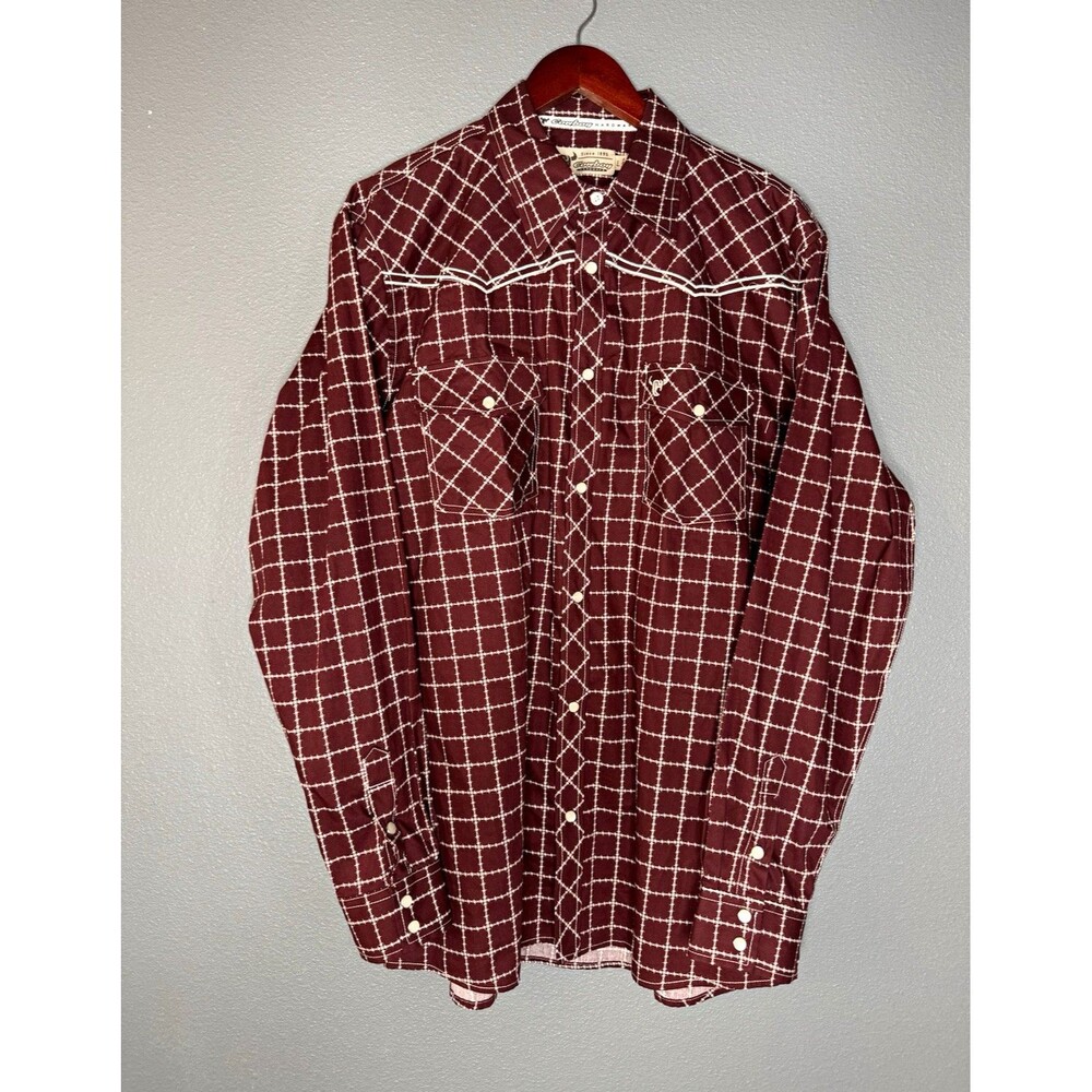 Cowboy Hardware Shirt Mens L Burgundy Pearl Snap Western Rodeo Cowboy Cotton